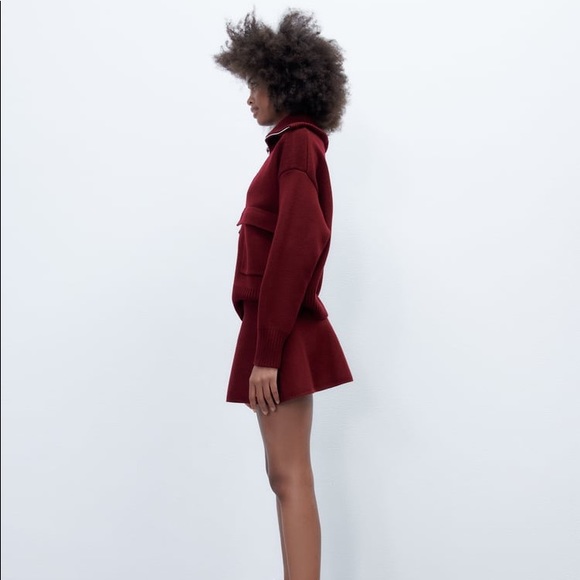 Zara Set - Burgundy Wool Blend Knit Zip Sweater & Mini Skirt - Picture 11 of 17